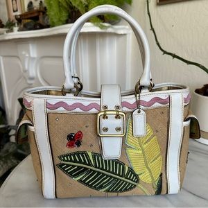 COACH • Hampton Limited Edition Ladybug Leather Burlap Tote White Hand Bag Cute